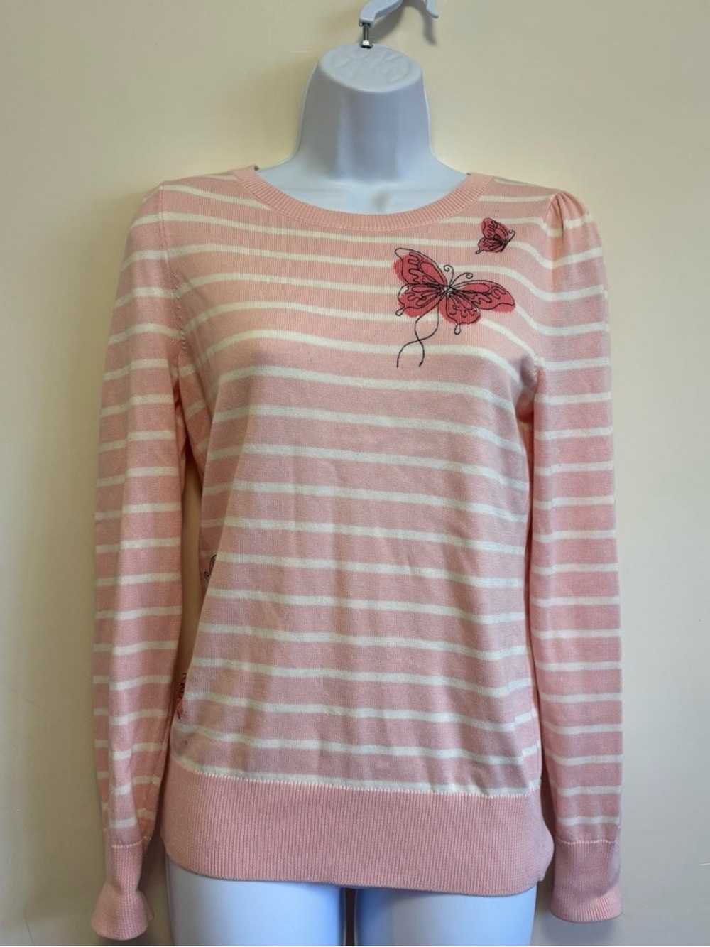Talbots Pink & White Striped Butterfly Sweater | Embroidered Graphic Knit
